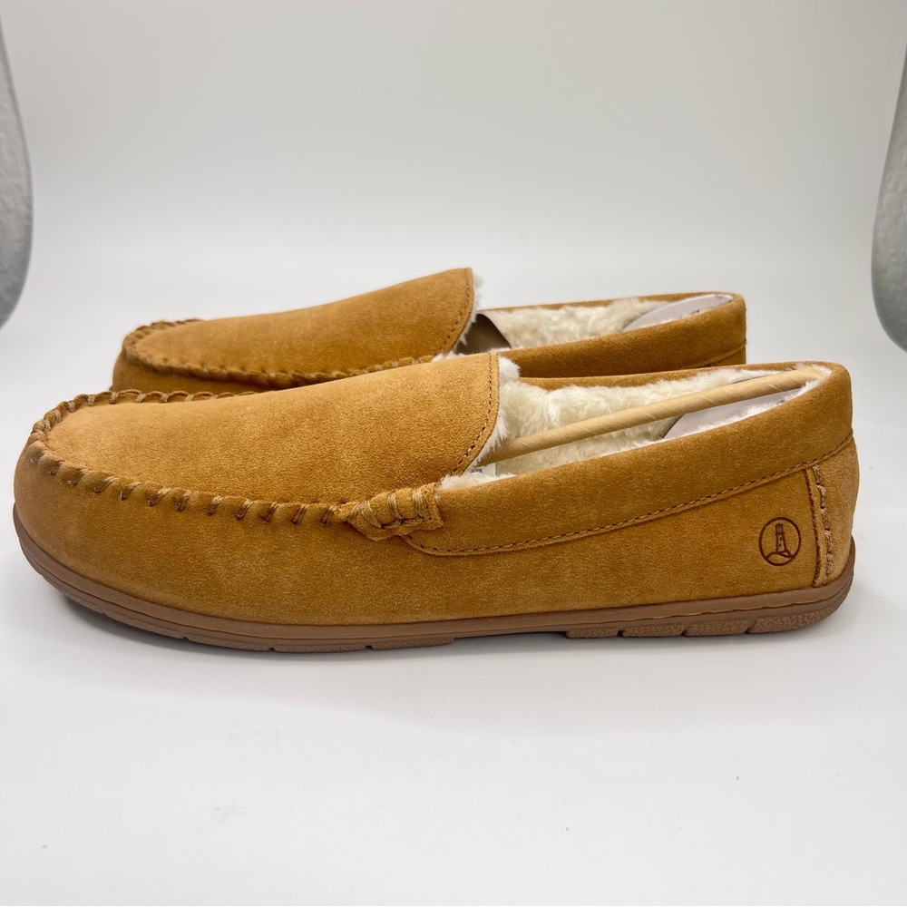 NWT Lands’ End Men’s English Tan Suede Leather Faux Fur Lined Moccasin Slippers - Picture 5 of 15